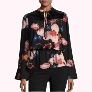 WORTHINGTON Floral Velvet Tie Neck Peplum Blouse Sz Large